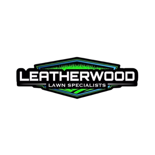 Leatherwood Lawn Specialists logo with green and blue shield design